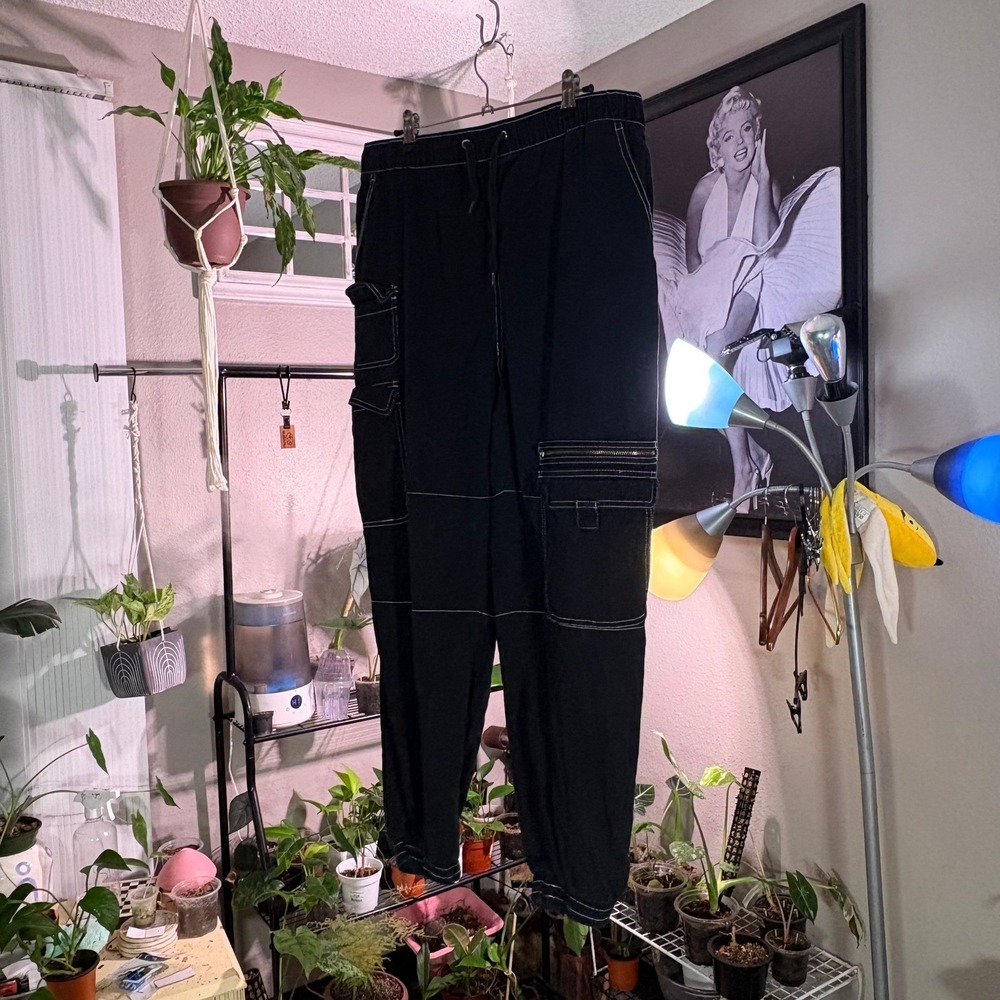 Black Cargo Pants White Contrast‎ Stitch Drawstring Waist Jogger Pants Mens